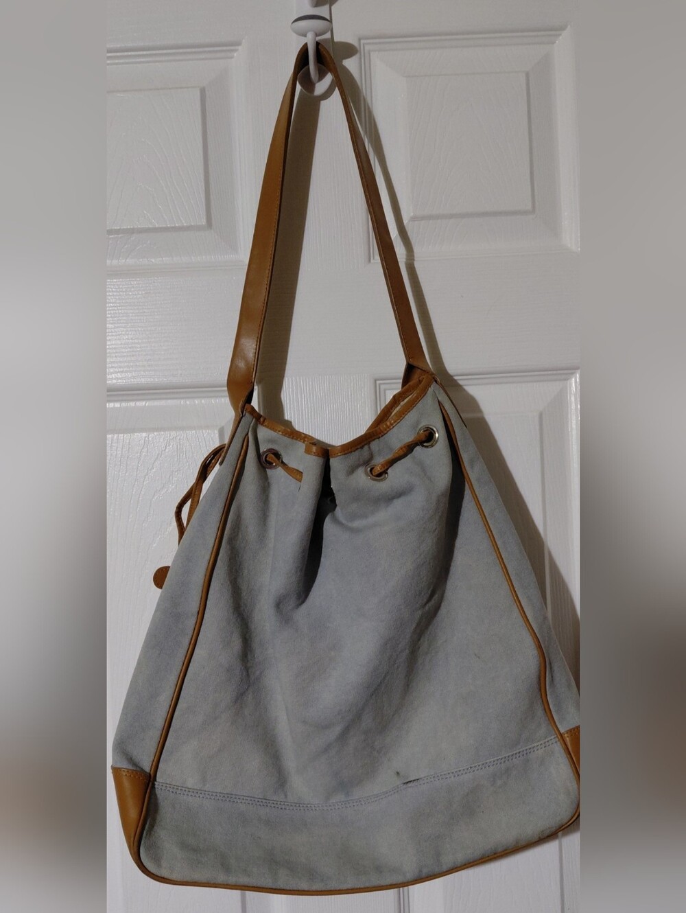 FURLA JEAN  AND LEATHER DRAWSTRING TOTE